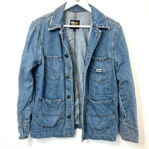 Lee long denim barn ranch jacket coat, core jacket, size medium. Distressed